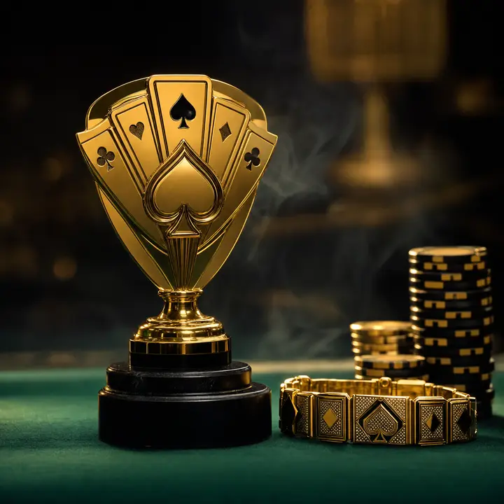 A gold poker trophy and bracelet resting on green felt